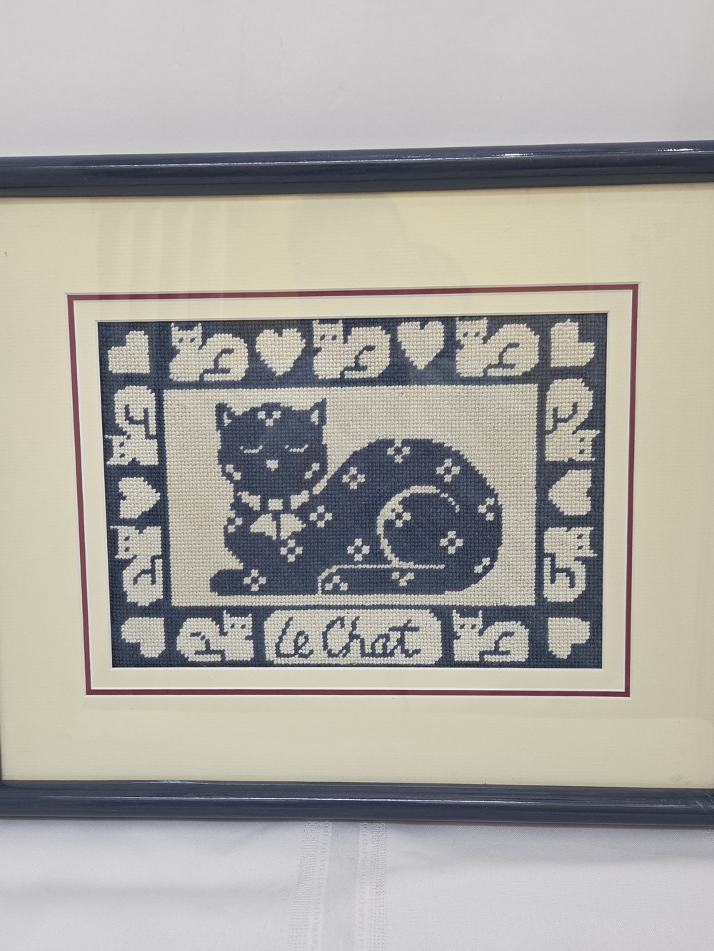 VTG Artwork "Le Chat" Needlepoint Blue/Cream Cats Tray Folk Art Cottage
